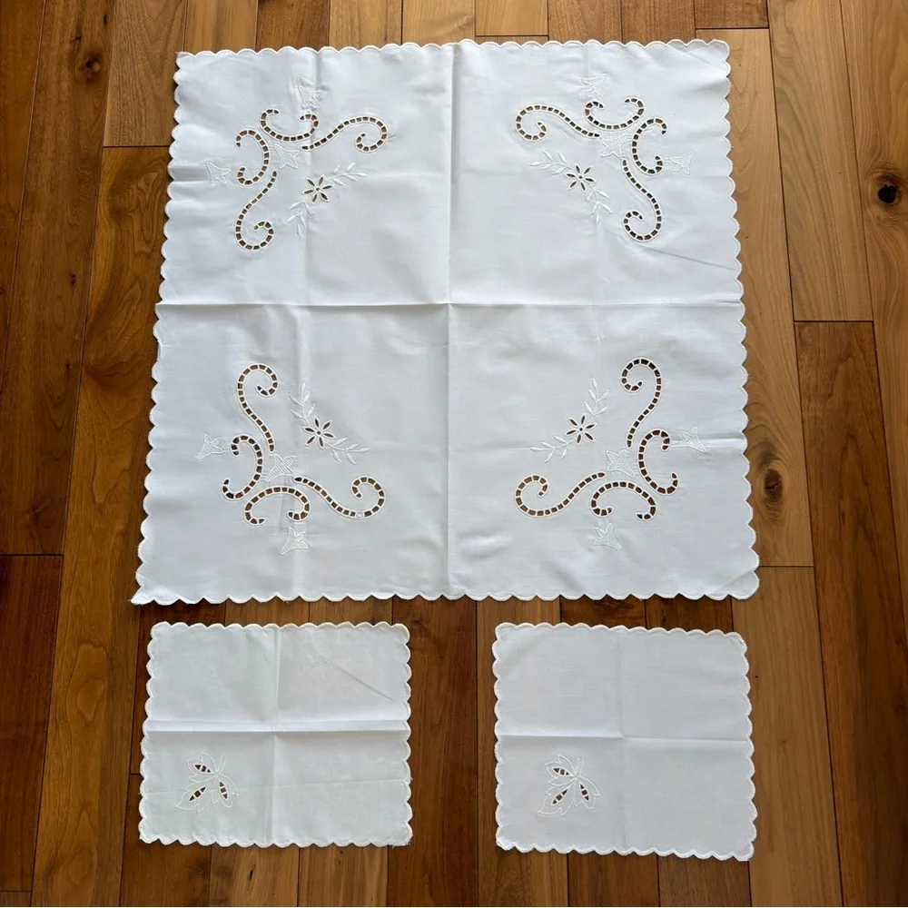 Vintage Hand-Embroidered Cutwork Tablecloth + 2 Napkins – White on White